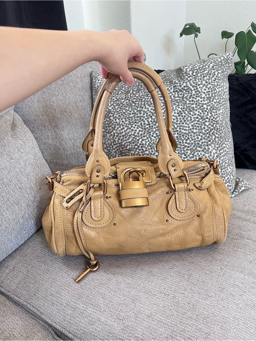 Chloe Paddington Tan Beige Mustard Leather Handbag with Gold Accents
